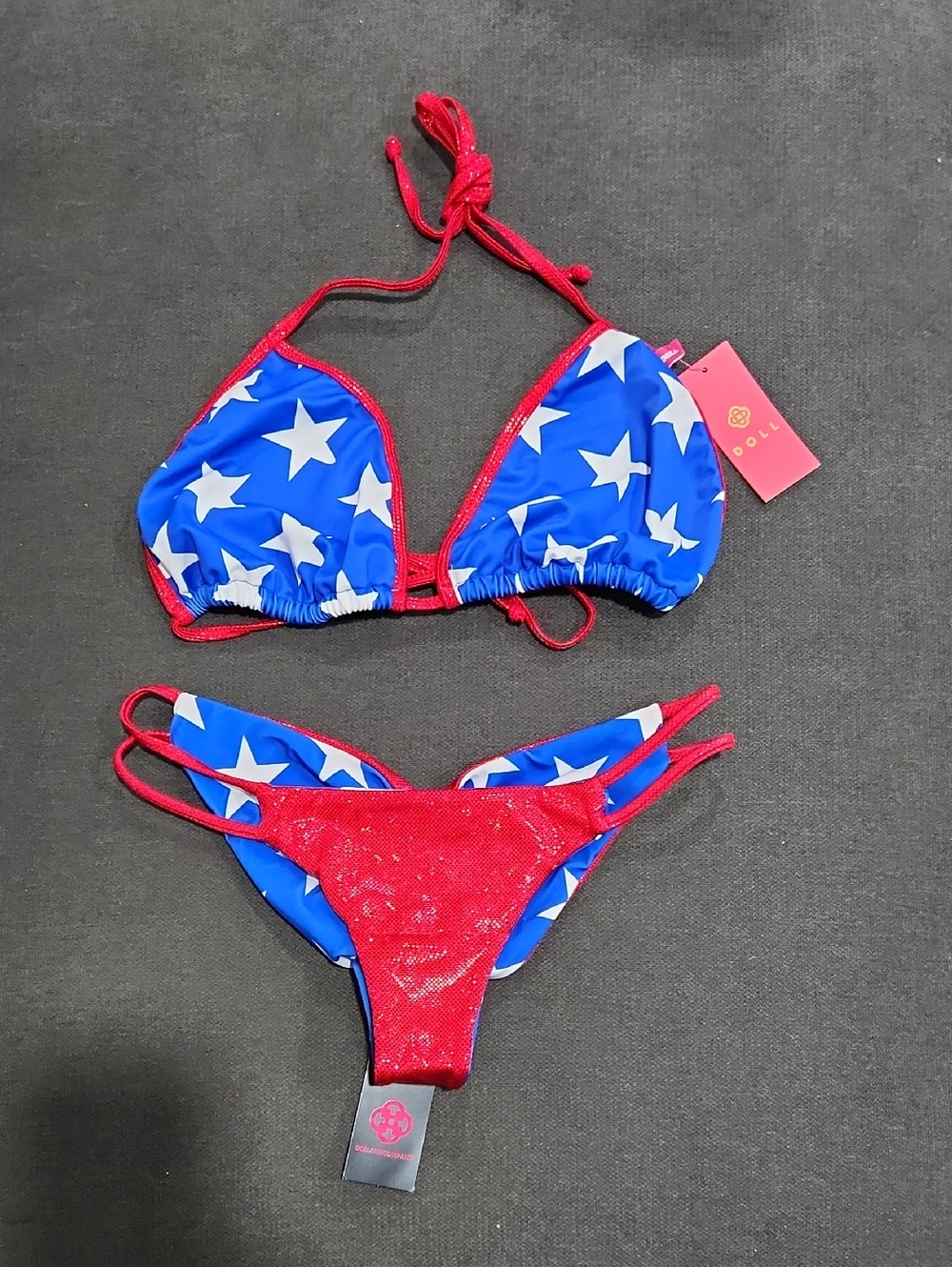 Dollhouse Blue and Red Star Print Triangle Bikini